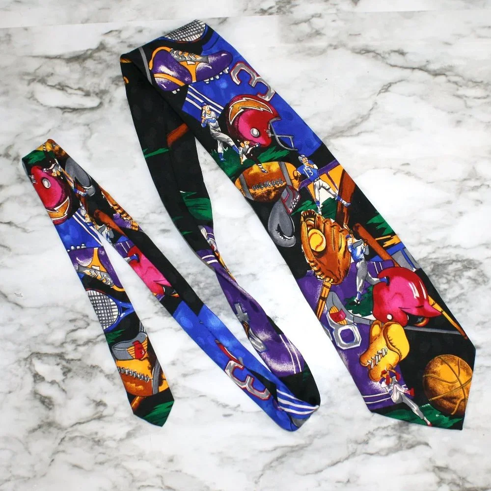 ADDICTION Necktie Sports Theme Colorful Multi Color Athletic Blue Silk Necktie
